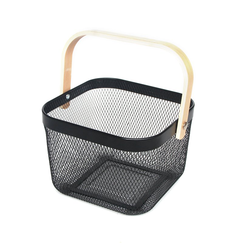 mesh storage basket with wood handle